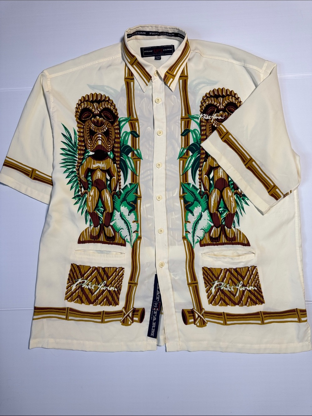 PHAT FARM Vintage 90's Cream Short-Sleeve Retro Tiki Button Up Shirt Jacket 3XL